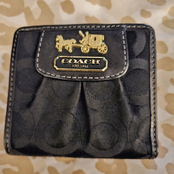 COACH  Black Signature C Snap Bifold Leather Wallet Zip Coin Pocket - Picture 2 of 7
